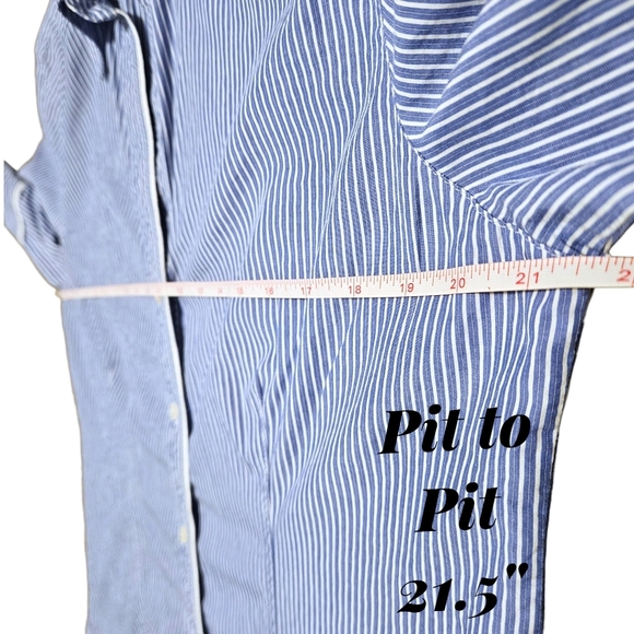 Chico's Blue White Stripe Button Front Shirt 2 / L Cotton Piping Coastal Preppy - Picture 10 of 13